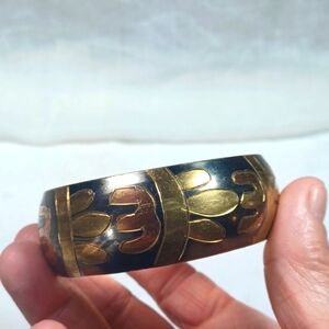 Brass & Black Engraved  Thick Bangle Vintage  Bracelet